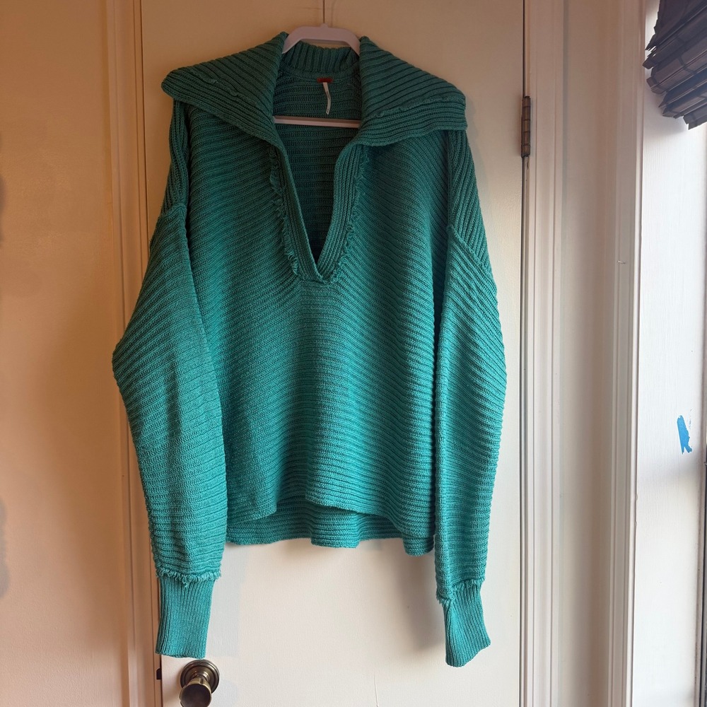 Free People Teal Ribbed V‑Neck Sweater